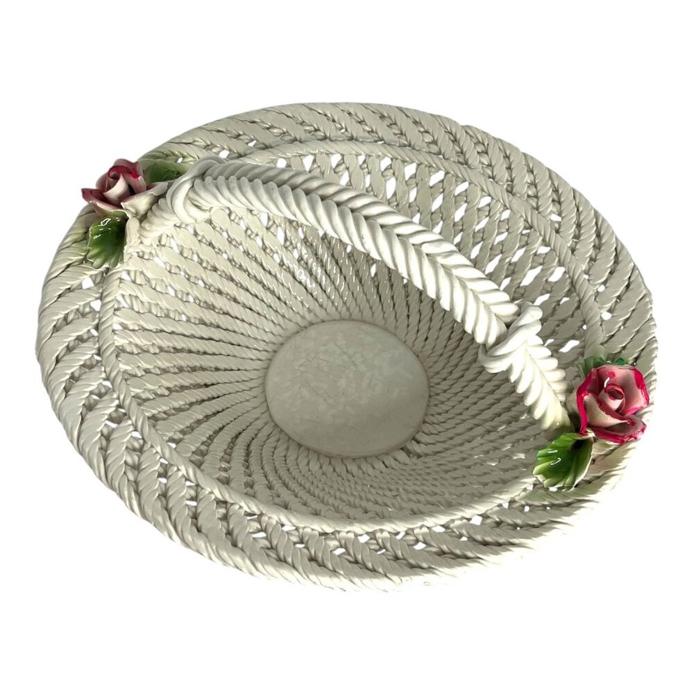Vintage Porcelain Rope Basket with Pink Roses – White Lattice Handle Floral Cent